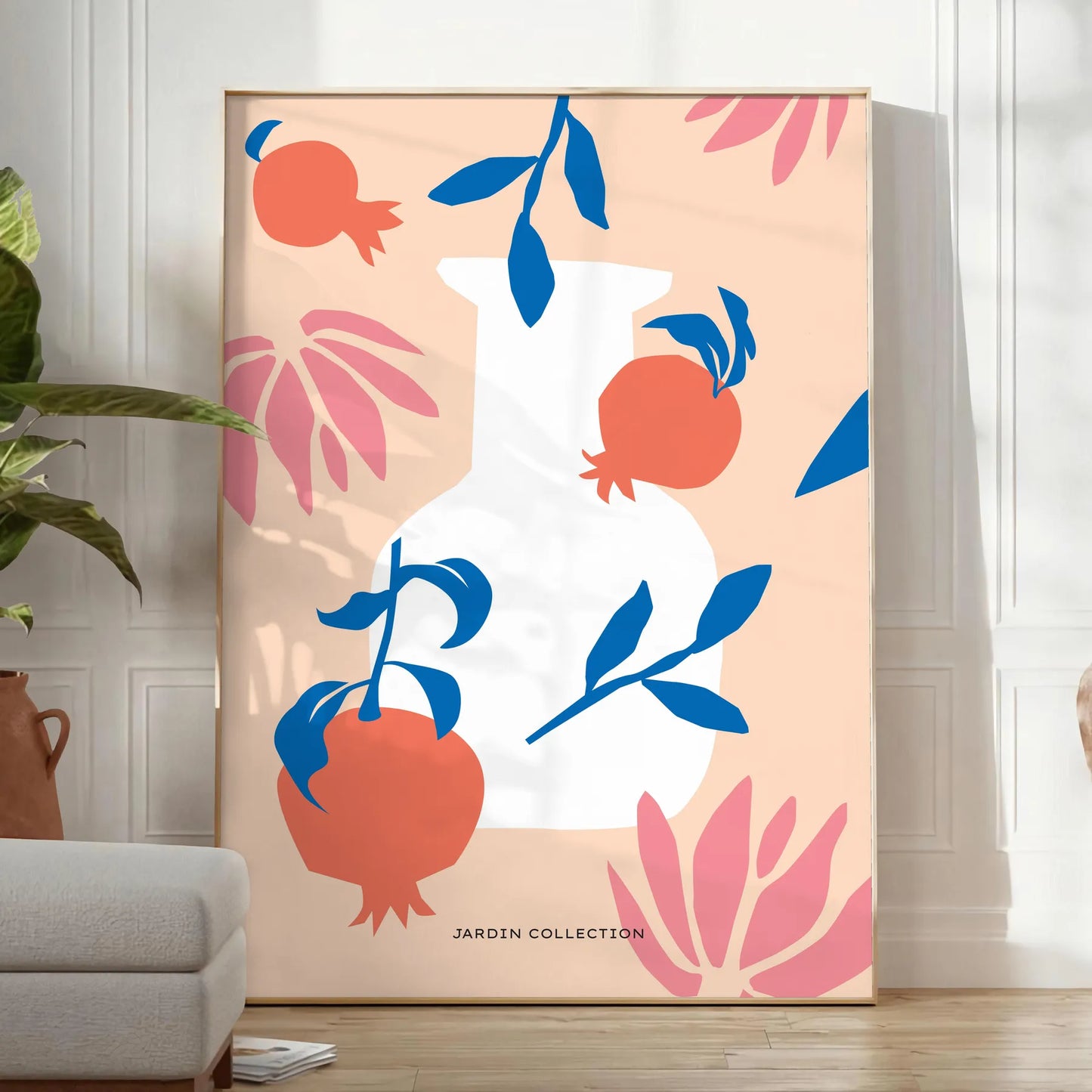 space stunning botanical poster vibrant orange blue hues artwork perfect touch nature room gift print available various sizes A4 cm A0 wall elegant botan