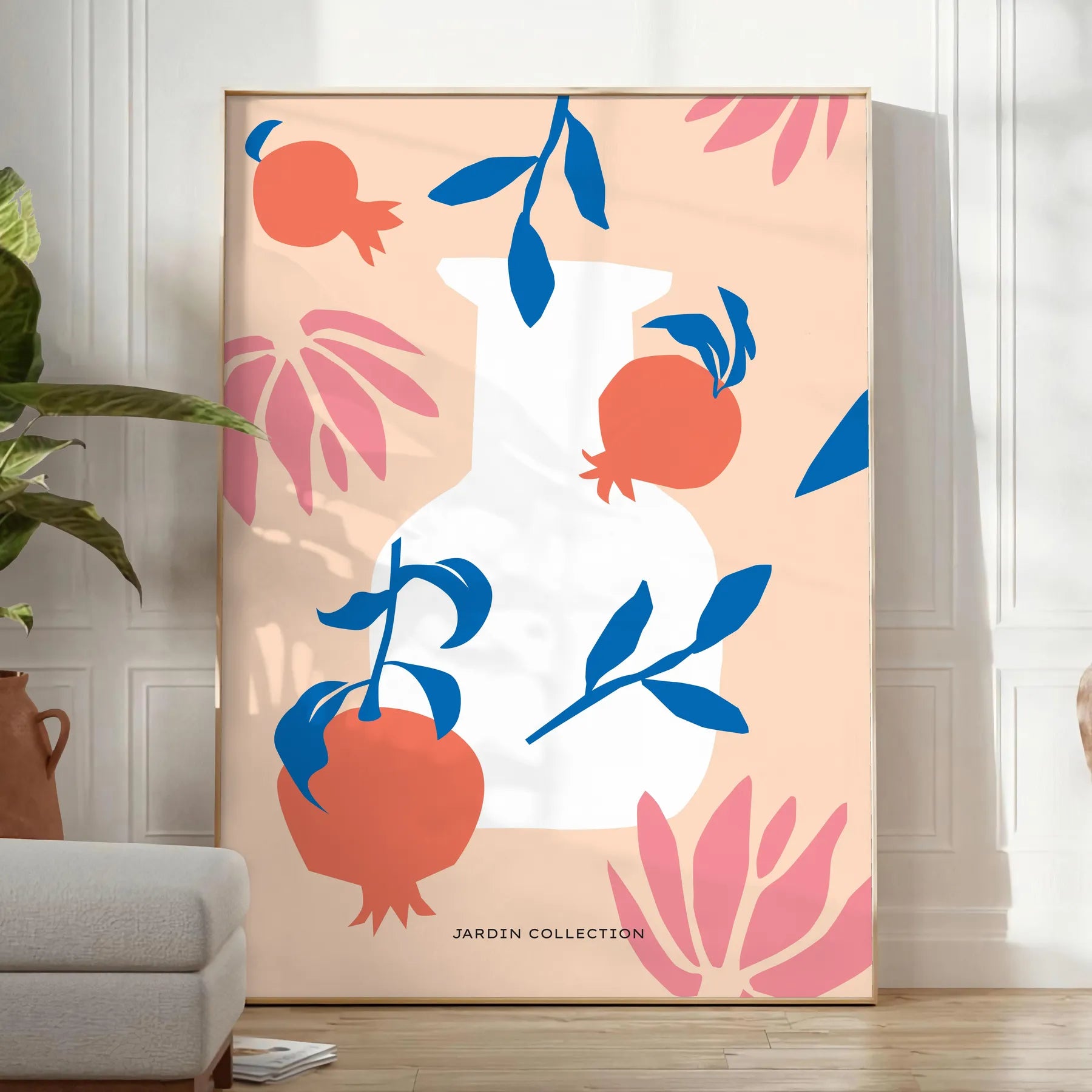 space stunning botanical poster vibrant orange blue hues artwork perfect touch nature room gift print available various sizes A4 cm A0 wall elegant botan